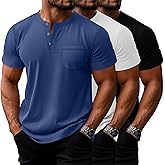 Riyiper 3 Pack Men's Big and Tall Henley T-Shirts, Short Sleeve Pocket Cotton Loose Fit Shirt Summer Oversized Button Tee