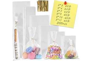NEOACT 300 PCS Clear Flat Cellophane Treat Bags with 3x5",4x6",5x7",6x9",2x10",5x11",Treat Bags with Ties are Good for Pretzel Rods,Bakery, Cookies, Candies,Dessert.