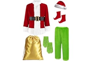 Earado Christmas Green Furry Monster Santa Costume for Men 8 PCS Deluxe Adult Santa Suit Xmas Holiday Outfit Set Include Mask XL