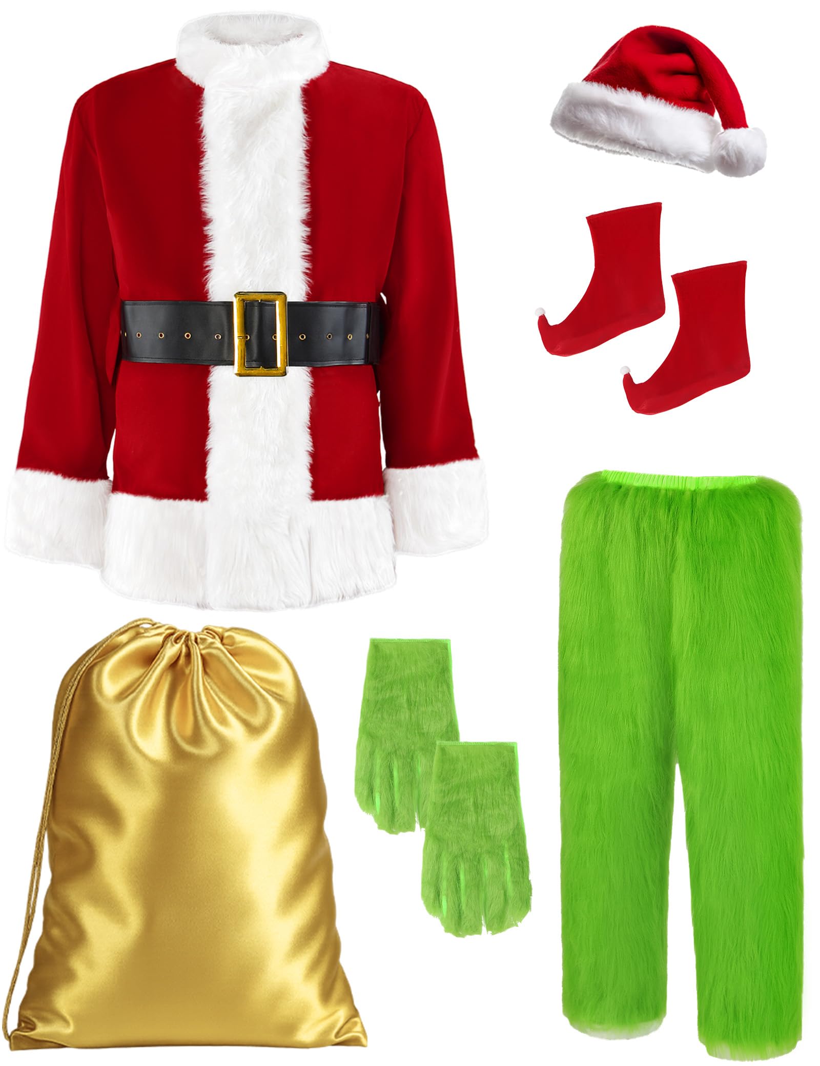 Photo 1 of Earado Christmas Green Furry Monster Santa Costume for Men 8 PCS Deluxe Adult Santa Suit Xmas Holiday Outfit Set Include Mask XL