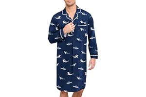 SWOMOG Mens Nightgown Long Sleeve Sleep Shirt Big & Tall Nightshirt Button Down Pajama Comfy Nightwear M-XXXL