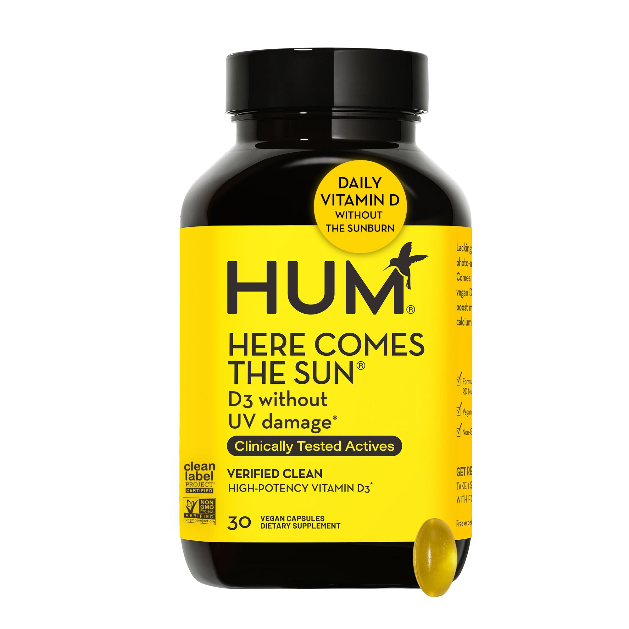 HUM Here Comes The Sun Immune Support Supplement with Vitamin D Supplements for Women and Men for a Healthy Immune System, D3 Vitamin Supports Bone Health, 30 Capsules