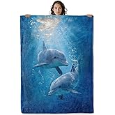 Graceful Dolphin Ocean Blanket, 60 x 50 Inch Flannel Marine Fish Cute Dolphins Throw Blanket, Gifts for Women Girls Boys Adults Kids, Lightweight Cozy Warm Blankets for Sofa Travel Home Decor