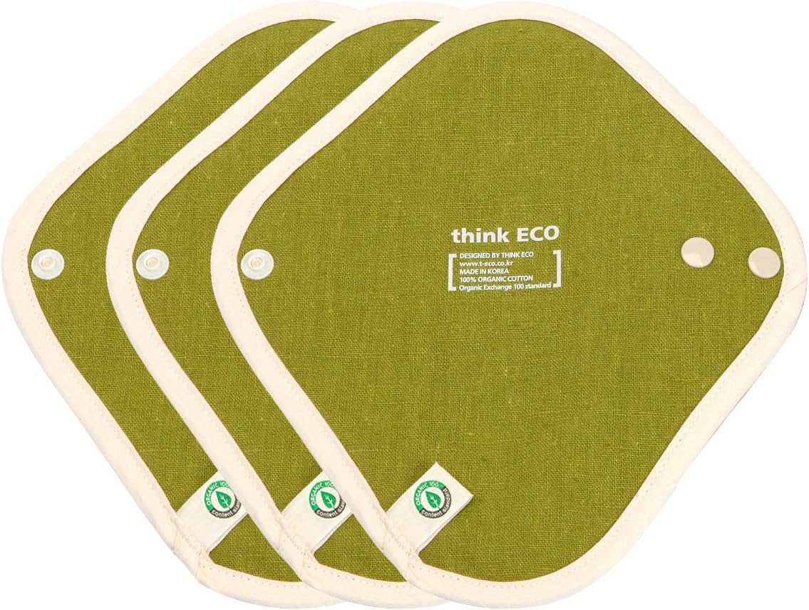 think ECO [3-Pads] Organic Reusable Fashionable Cotton Cloth Panty Liner Pads, Menstrual Liner Pads, Sanitary Napkins, Three Supply (Linen Green 3P): Health & Personal Care