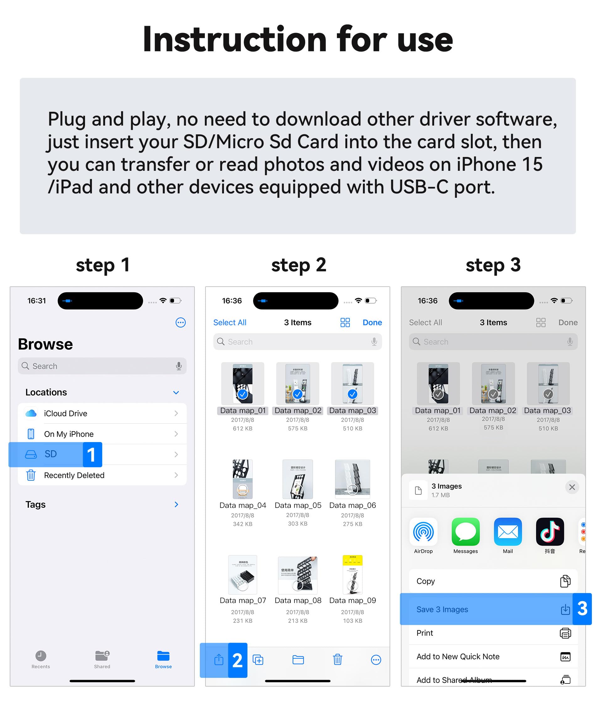 USB C SD Card Reader for iPhone 15 16/iPad/MacBook/Mac, xdgeLoad USB-C Type C SD Reader Supports SD and MicroSD Memory Card Adapter, Trail Camera Viewer Plug and Play - 2 Slots