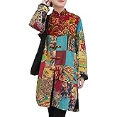LZJN Women‘s Patchwork Trench Coat - Floral Cotton Linen Long Jacket, Cottagecore Bohemian Outerwear