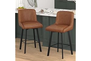 SAECKBERG Swivel Bar Stools Set of 2, 26''H Upholstered Barstools with Backs, Modern Counter Height Bar Stool Chairs for Kitchen Island, Metal Legs, Faux Leather, Brown Counter Stools