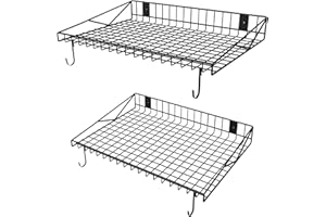 RICIAKIK 2 Pack Garage Wall Shelf, Garage Wall Mounted Shelving, Heavy Duty Floating Shelves With 4 Hooks, Loads 90 LBS Black Wall Shelves Mesh Storage Rack for Office, Basement, Wall Cabinet and Kitchen