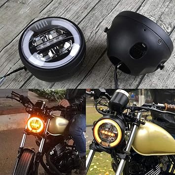 Amazon Com D Dolity Retro 7 Inch Halogen Led Headlight Angle Eyes Passing Driving Light Hi Lo Beam For Bobber Cafe Racer Cruiser Universal Yellow Automotive