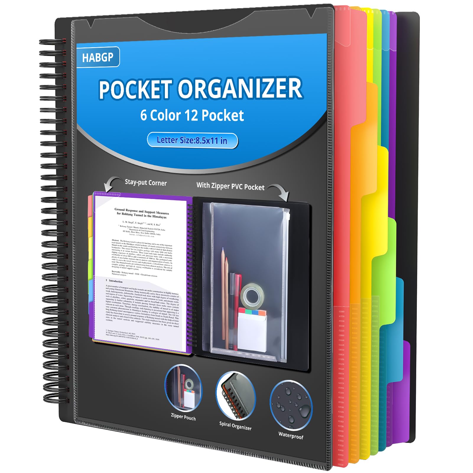 Photo 1 of HABGP 12 Pocket Plastic folders with Pockets, 6 Colors Multi Pocket Folder Binder with Dividers, Office Organizer Folder Letter Size School Supplies