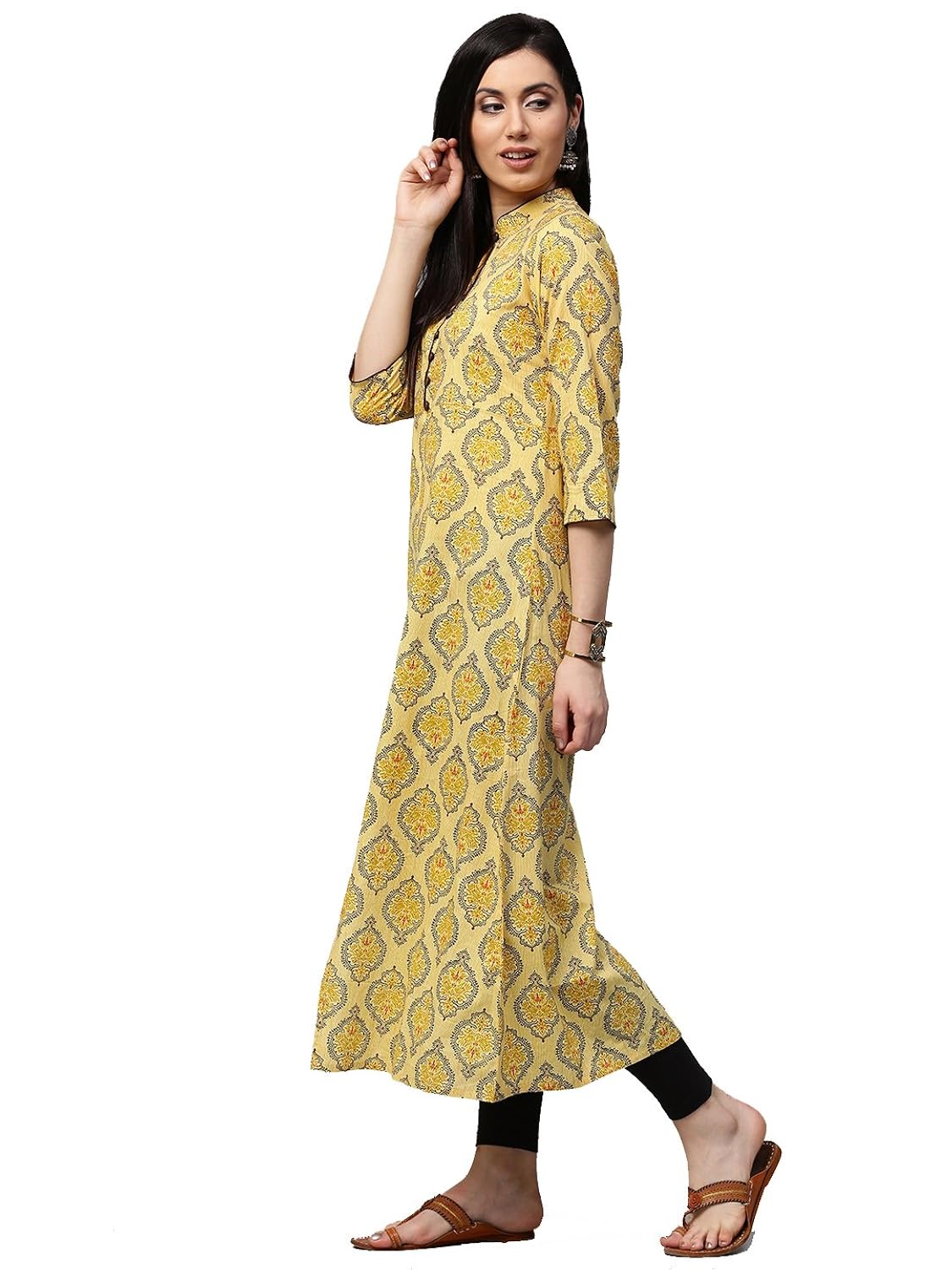ramrath women's cotton a-line printed kurti (yellow & mustard)