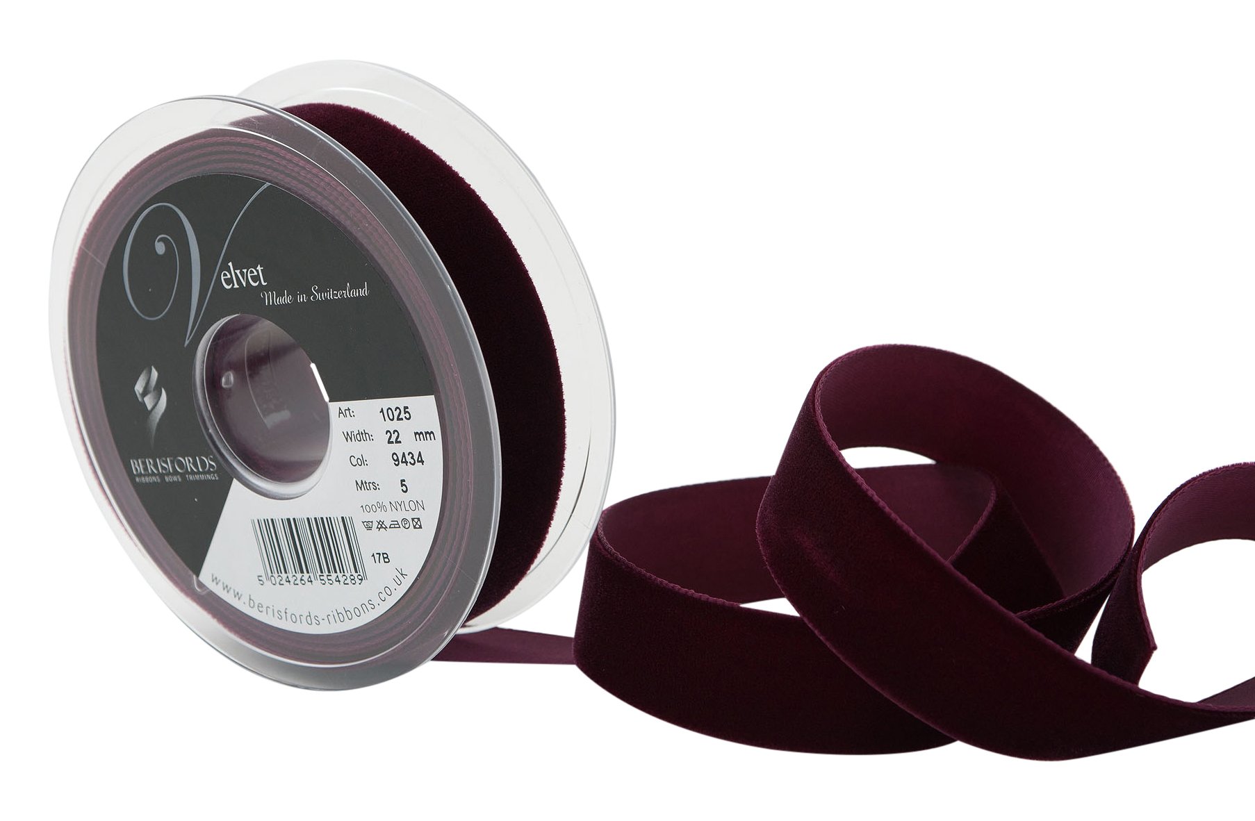 Berisfords Velvet Ribbon, Burgundy, 2.2 cm x 500 cm