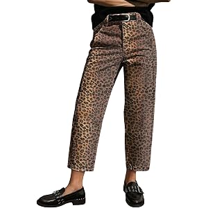 Flamingals Mid Rise Straight Leg Crop Pants for Women | Leopard Print Seam Detail Casual Trendy Pants Without Belt