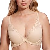 DOBREVA Women's Plunge Bra Sheer Mesh Demi Unlined Underwire Bras Deep V Lace Plus Size