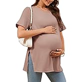 Tankaneo Womens Maternity T Shirts Summer Ribbed Short Sleeve Tunic Tops Textured Side Split Tee Pregnancy Clothes