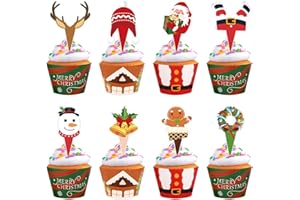 HXEZOC 48 Pack Christmas Cupcake Toppers and Wrappers, Snowman Santa Claus Reindeer Cake Decoration for Christmas Theme Party Birthday Party Supplies