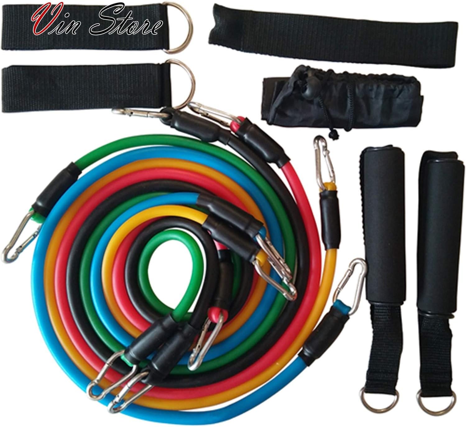 Vin Store Fitness Insanity Exercises Resistance Band Set - Include 5 Stackable Exercise Bands with Carrying Case, Door Anchor, Legs Ankle Straps for Men and Women