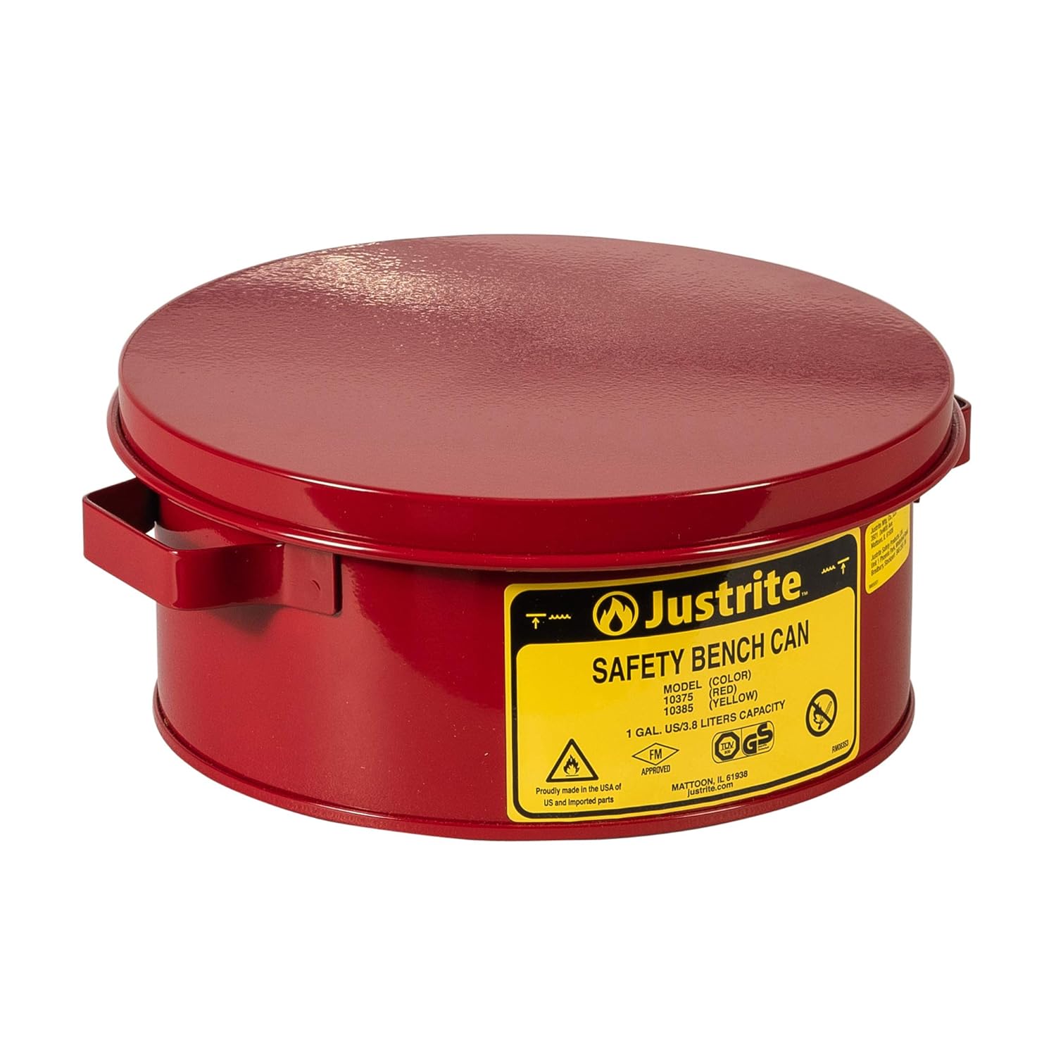 Justrite 10375 1 Gallon, 4 1/2" H, 9 3/8" O.D, 7 1/2" Diameter, Steel Red Safety Bench Can