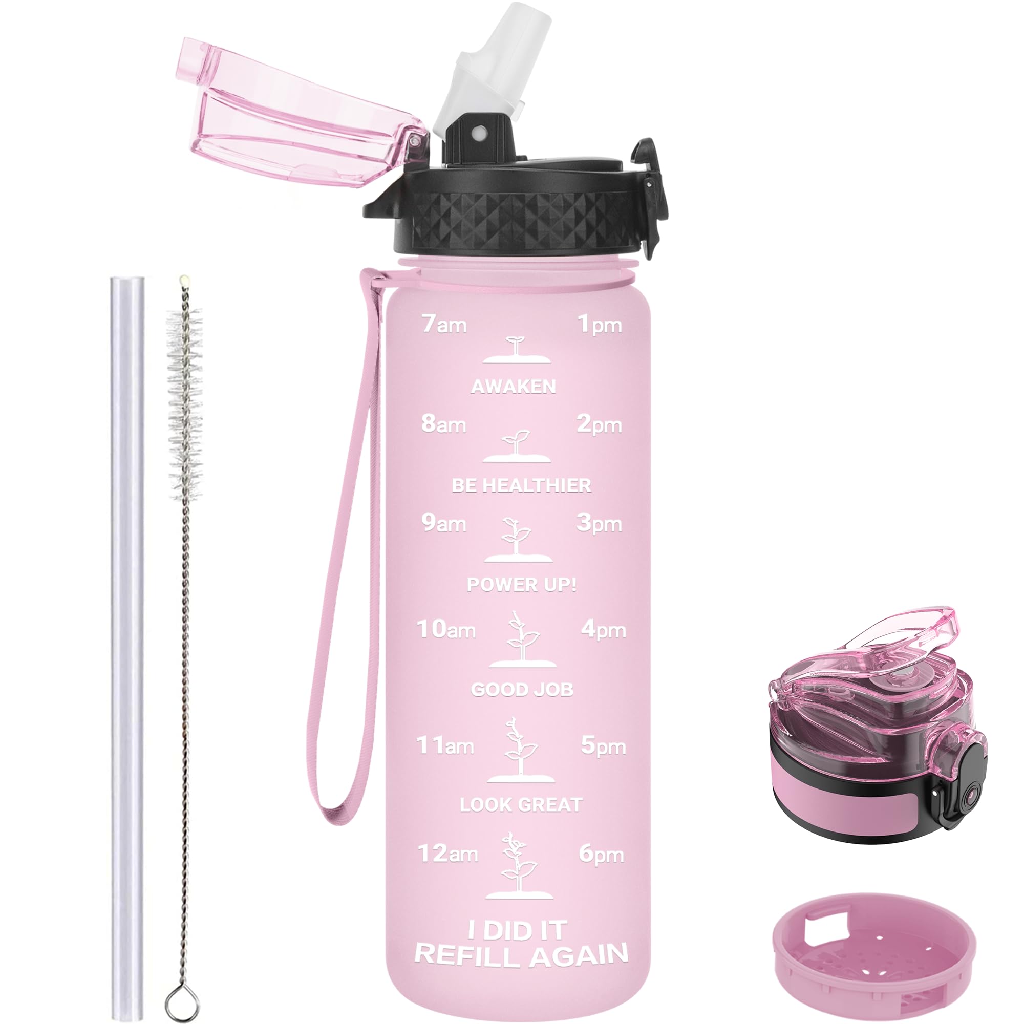 GOPPUS 500ml/17oz Kids Water Bottles with Straw Tritan Childrens Bottle with Flip Top Lid BPA Free Measured Drinks Bottle with Strap Sports Reusable Time Markings Leakproof (Pink)