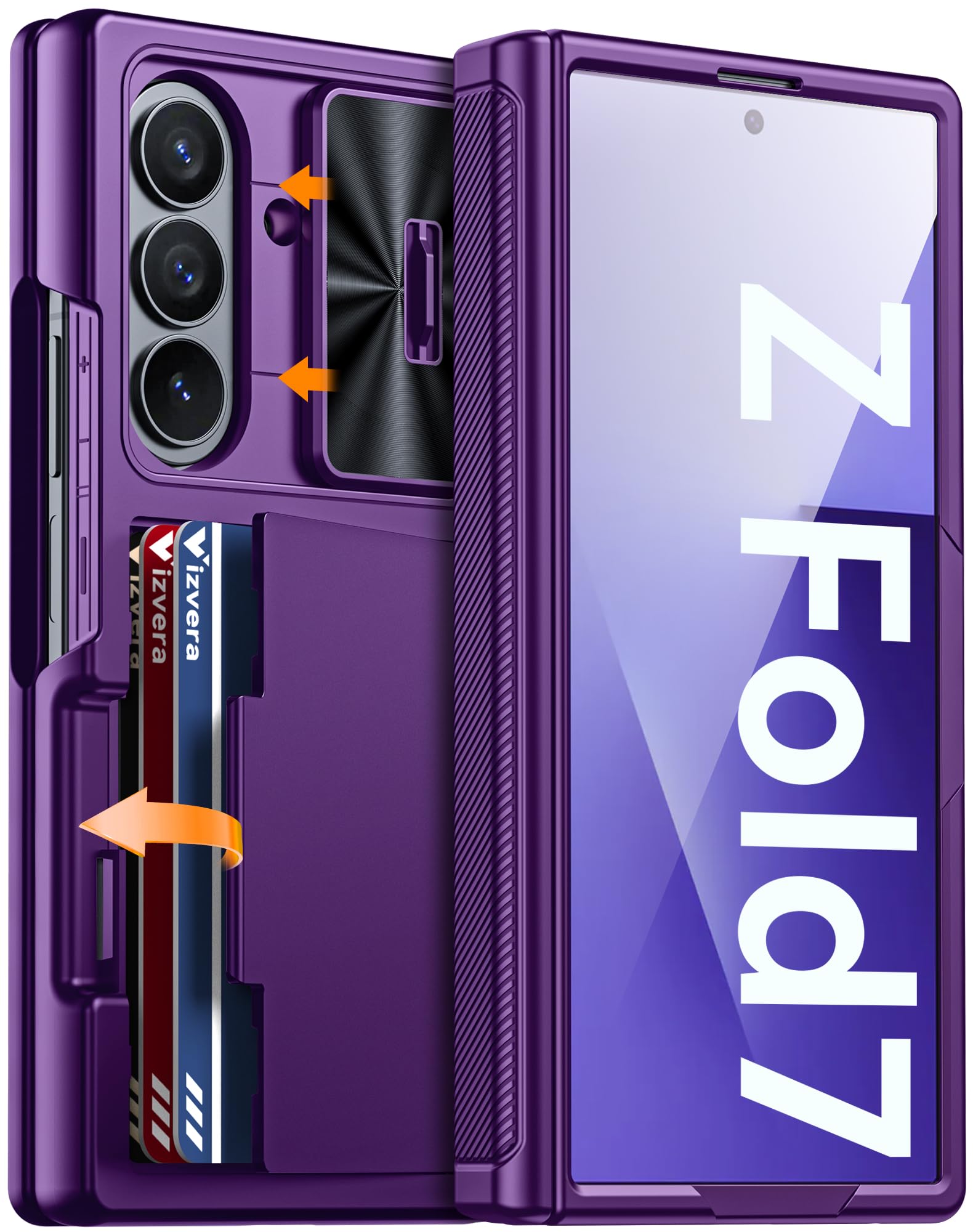 Photo 1 of Vizvera for Samsung Galaxy Z Fold 7 Case RFID Wallet with Cards Holder [Hinge Cover] [Camera Cover] Shockproof Silicone Protective Phone Case for Z Fold 7 2025-Purple