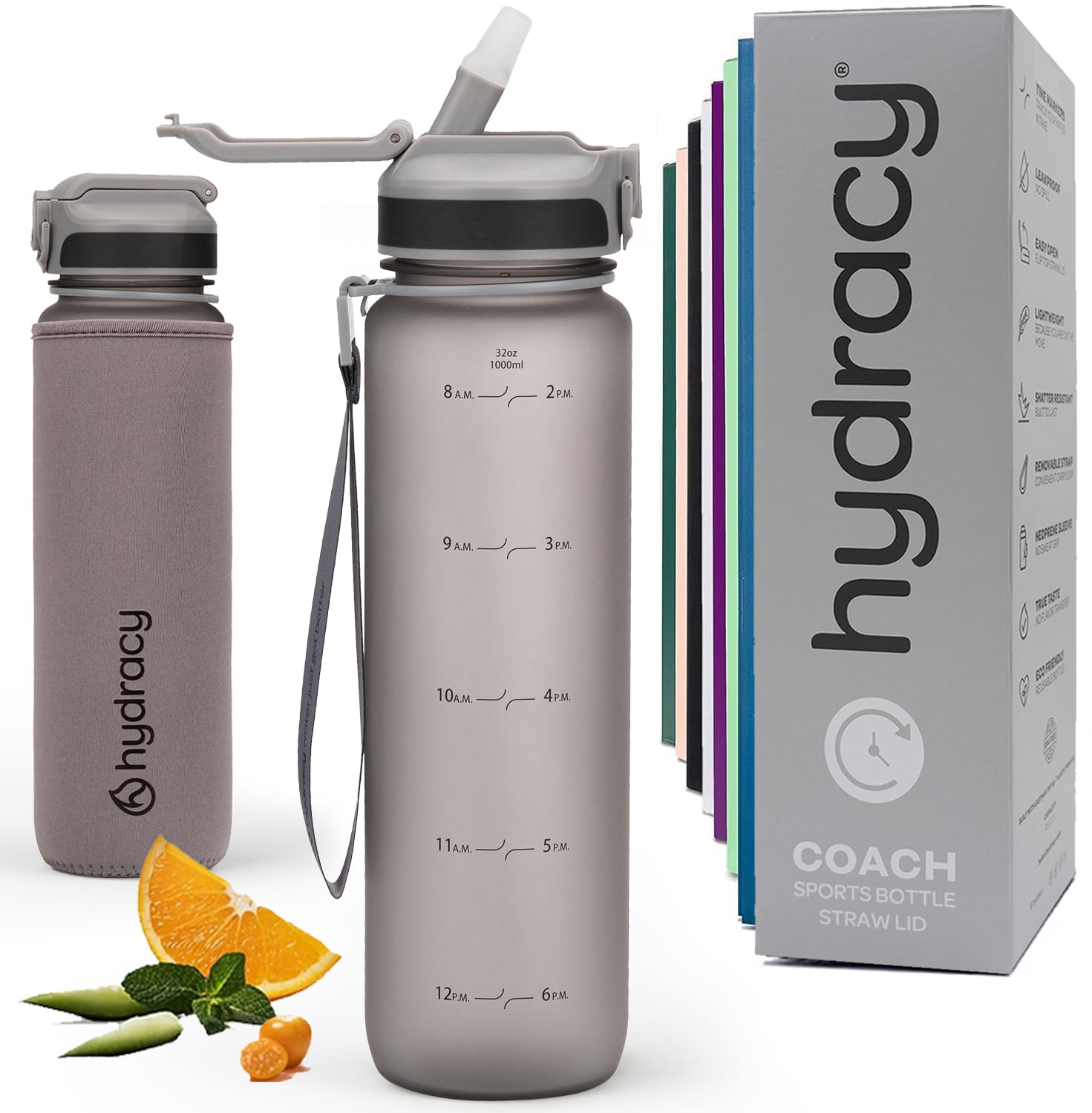 Hydracy Water Bottle with Times to Drink & Straw - Large 1 Litre BPA Free Motivational Water Bottle & No Sweat Sleeve -Leak Proof Gym Bottle with Time Marker - Ideal for Fitness, Sports & Outdoors
