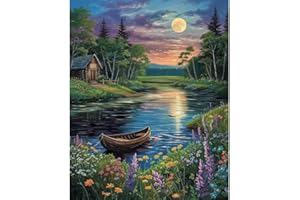 Natuyalo Paint by Numbers for Adults Beginner, Moonlight Landscape Acrylic Easy Paint by Numbers Kits Riverside House Craft Kits for Adults Suitable for Home Wall Decoration Flameless 16x20 Inch
