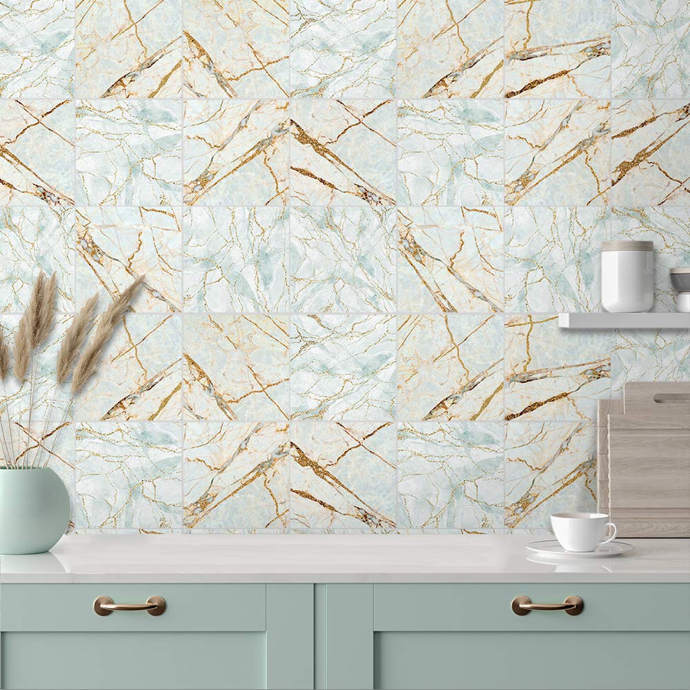 Floor Wall Tile Transfers Sticker for Home Decor, Peel & Stick self-Adhesive splashback, Tile Decals for Living Room Kitchen Bathroom Decor,20cmX20cmX 10 Pieces, Cyan Marble Tile Sticker