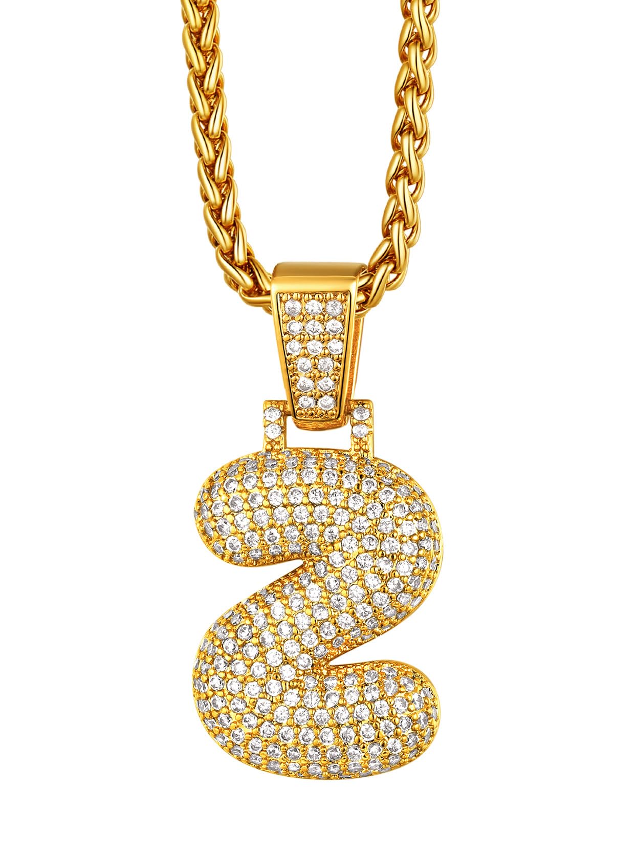 Richsteel Bubble Necklace with Number 2 Gold Hip Hop Jewellery Iced Cubic Zirconia Pendant Necklaces for Men Women
