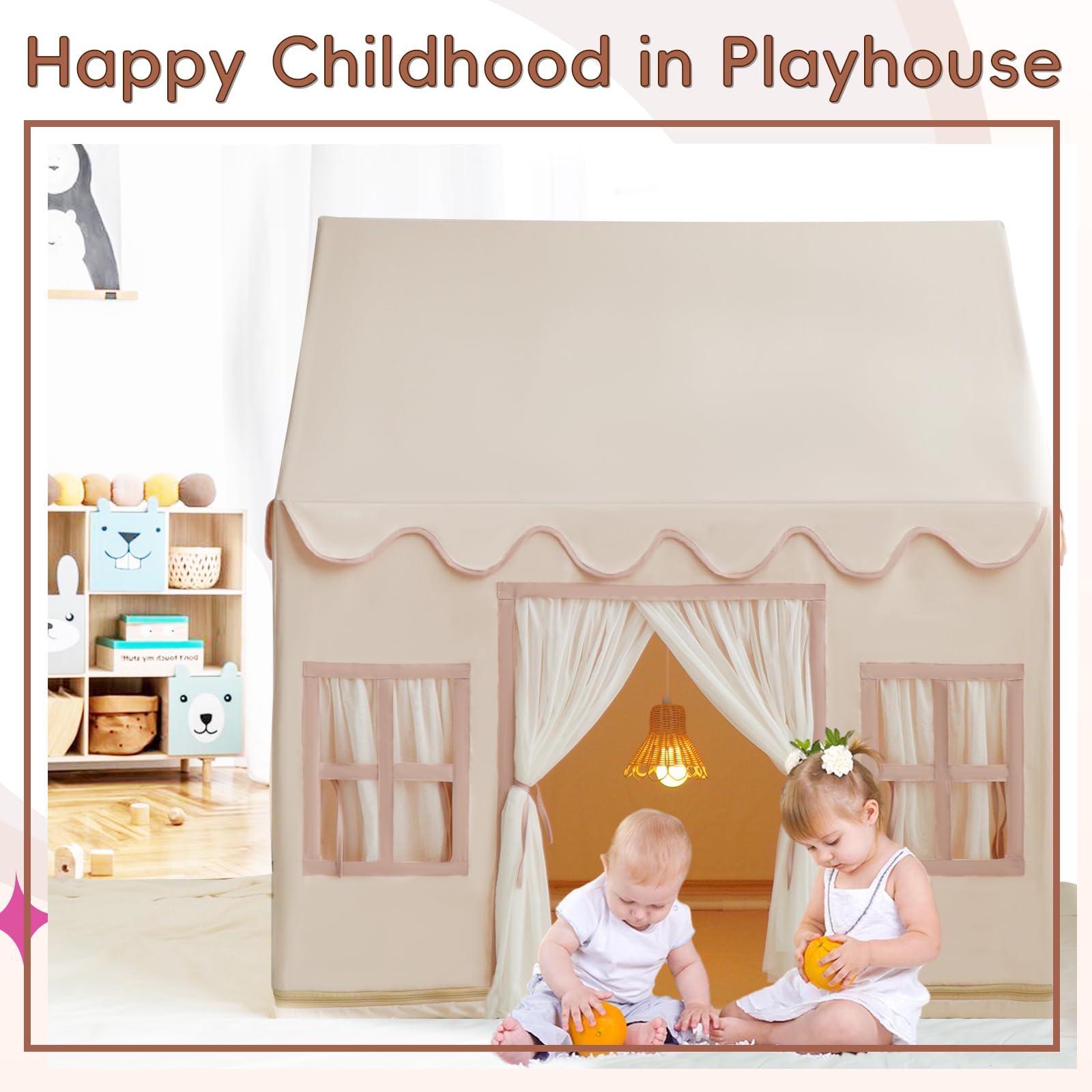 Play Tent with Padded Mat, Pennant Banners, Fairy Lights - Cream Kids Playhouse with Multiple Windows for Indoor and Outdoor, Large Play House Toys for Toddler, Boys and Girls