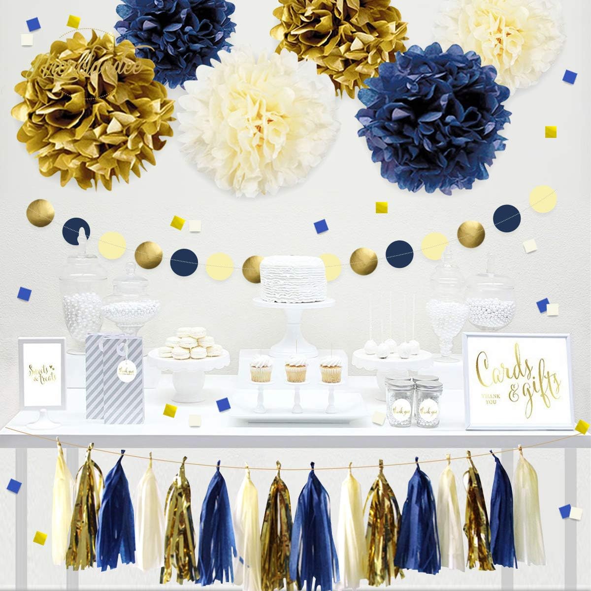 NICROLANDEE Navy Blue Gold Party Decoration Kit Nautical Baby Shower Hanging Pom Poms Paper Garland Party Confetti for Navy Party Get Ready Bridal Shower Wedding Birthday Bachelorette (Navy Gold): Health & Personal Care