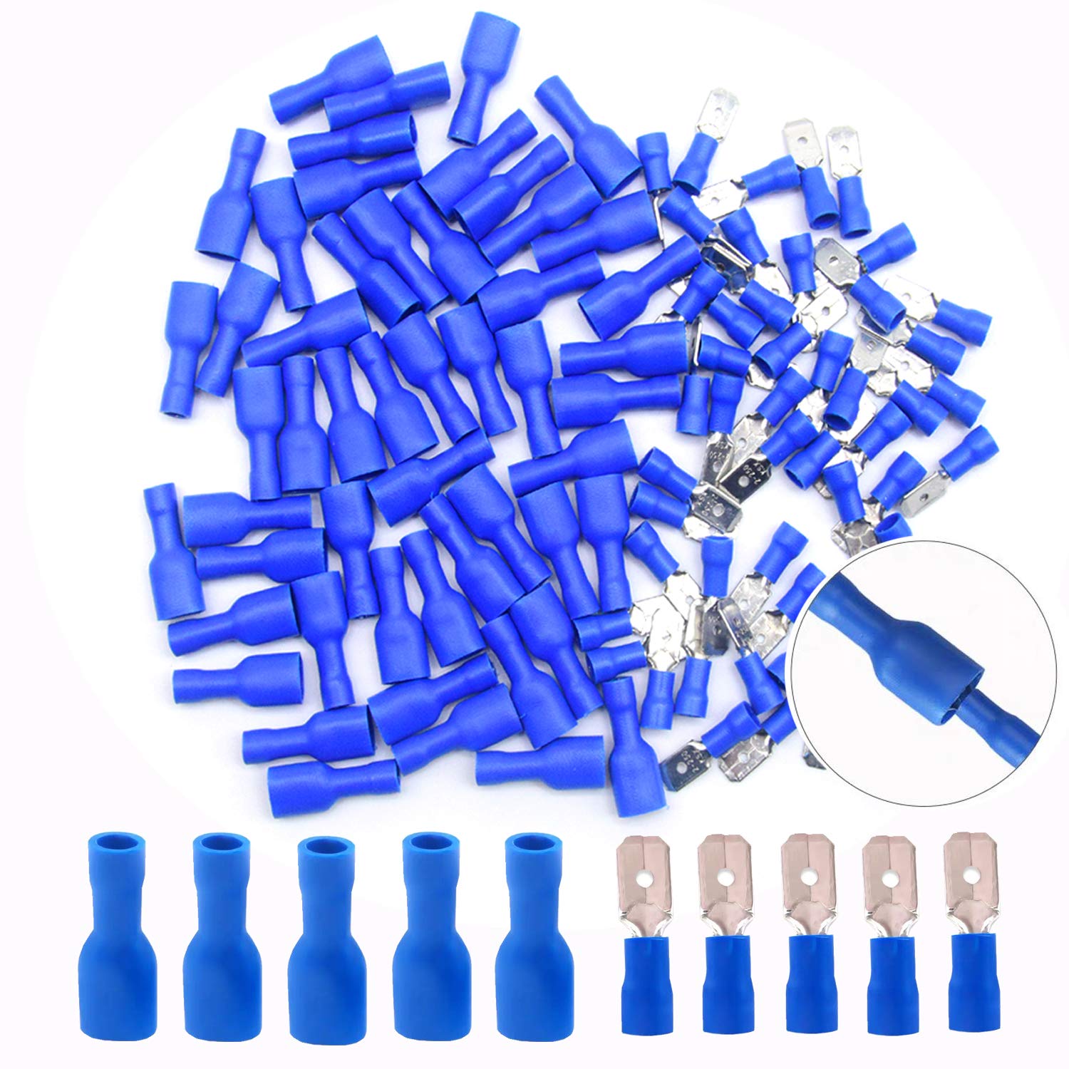 CEEYSEE 100Pcs of Blue Insulated Female Male Spade Connector Quick Splice Wire Terminals Wire Crimp Connectors （PSL)