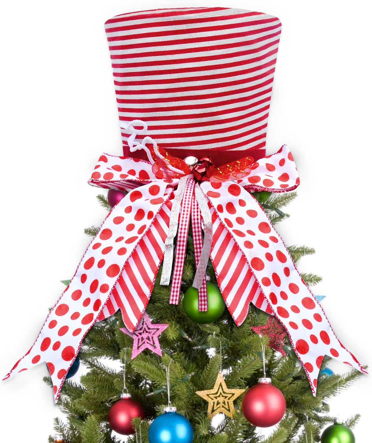 Tree Toppers - Christmas Tree Topper Hat Unique, Collapsible Tree Topper Ornament Accent Red White Fabric Top Hat w/Bell Bow, Holiday Hat Decoration, Christmas Tree Decor
