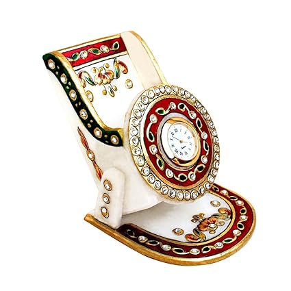 Handicrafts Paradise Meena Work Marble Mobile Holder with Clock (9.5 cm x 10.9 cm x 10.2 cm),Multicolour