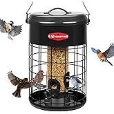 Kingsyard Upgraded Squirrel Proof Caged Bird Feeder for Outdoor Hanging - Additional Storage Tube Bird Feeder with 4 Feeding Ports & Perches, Easy to Clean & Refill. Black