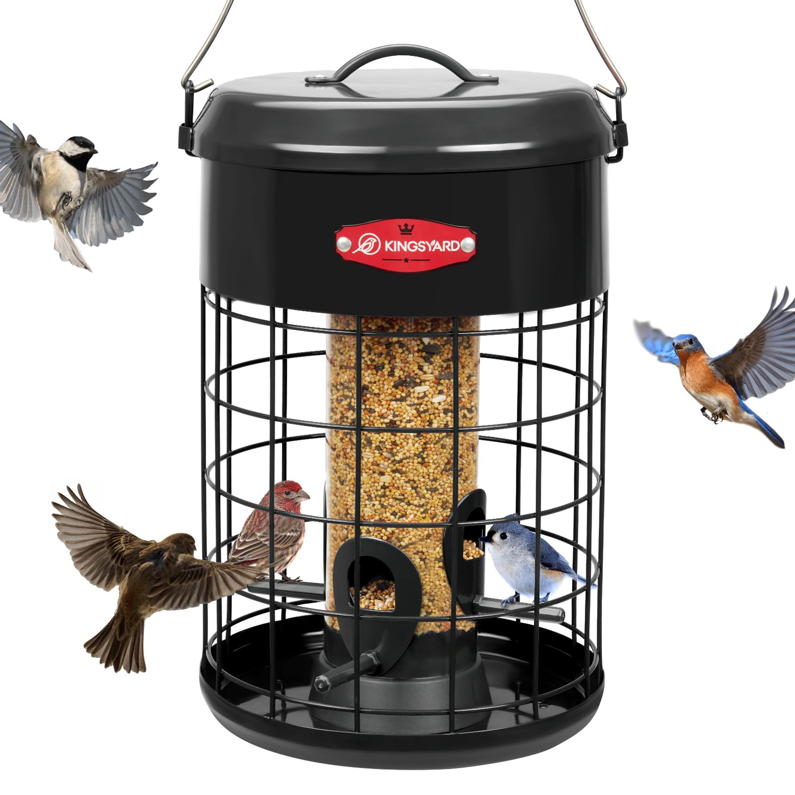 Photo 1 of Kingsyard Upgraded Squirrel Proof Caged Bird Feeder for Outdoor Hanging - Additional Storage Tube Bird Feeder with 4 Feeding Ports & Perches, Easy to Clean & Refill. Black