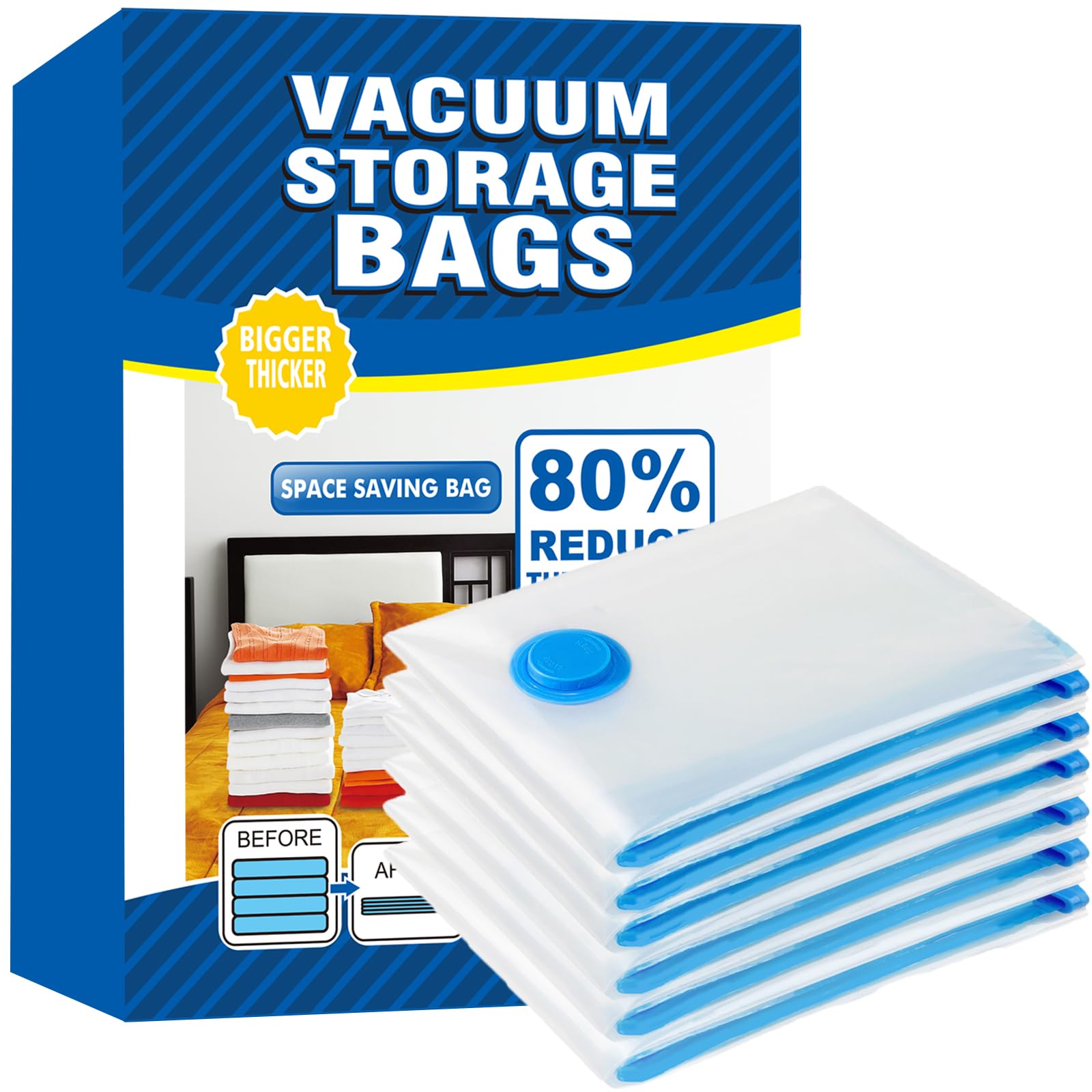 Vacuum Storage Bags - 6 Pack 60X80CM Extra Large Reusable Strong Space Saver Compression Bags - Vacuum Pack Bags Double Zip Seal Travel Vacuum Storage Bags for Clothes Duvets Quilts Bedding Pillows