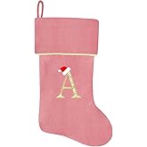 Subyan 20 Inches Initial Monogram Pink Christmas Stocking, Personalized Large Embroidered Letter Velvet Christmas Stocking with Gold Trim Decoration for Family Christmas Holiday Party Decor(Letter A)