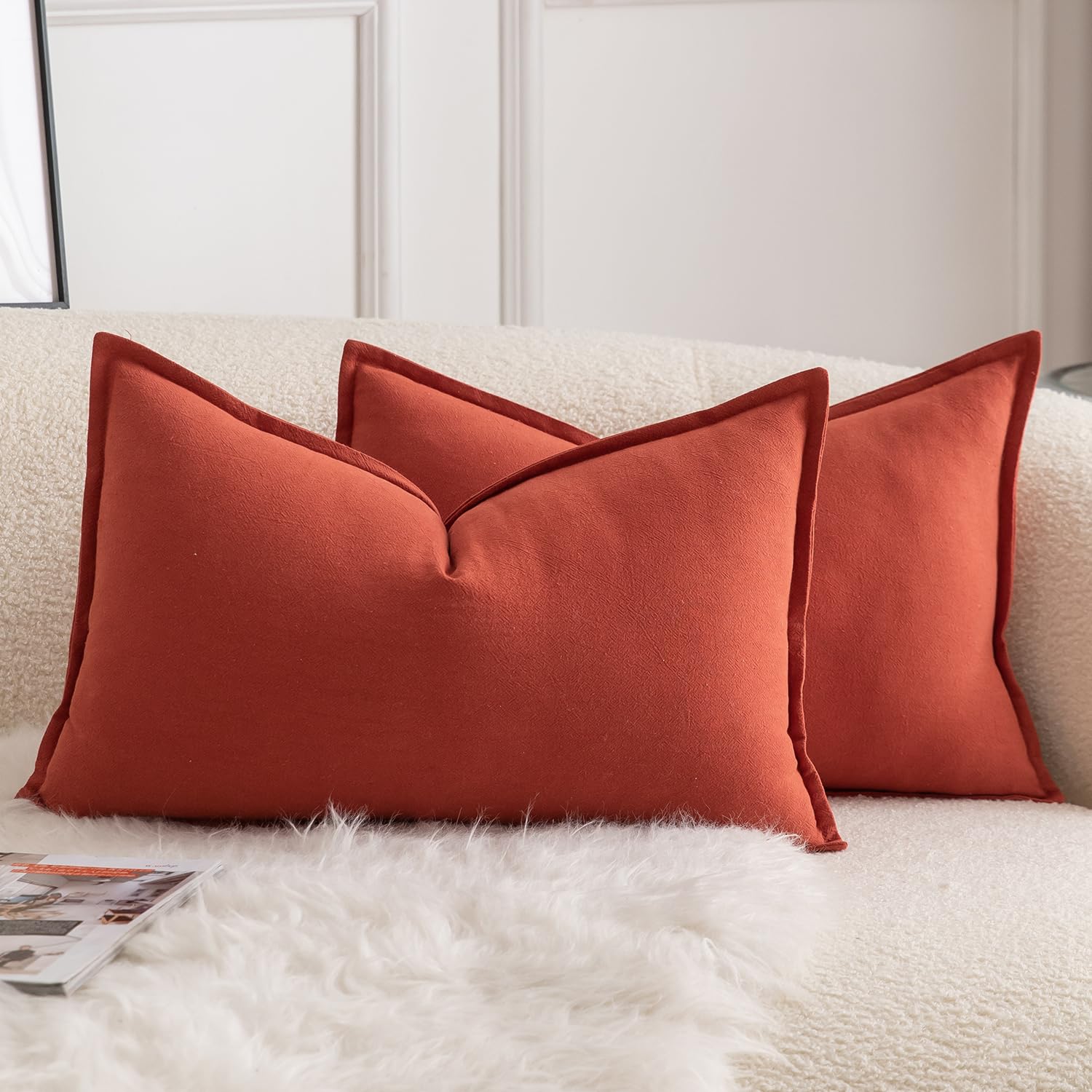 Mandioo Pack of 2 Neutral cotton Cushion Covers 30x50 cm 12x20 inch Solid Decorative Couch Throw Pillowcase Boho Farmhouse Home Decor for Sofa Living Room Bed Bedroom Burnt Brick