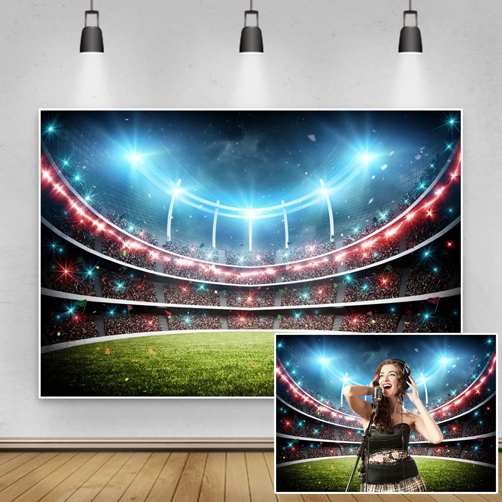 Renaiss 7x5ft Football Field Backdrop Soccer Stadium Sports Night Field Photography Backdrop Newborn Boy Girl Birthday Themed Party Banner Decorations Vinyl Photo Booth Studio Props