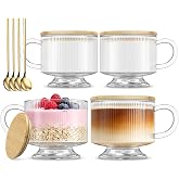 INSETLAN Vintage Glass Coffee Mug 14 oz, Set of 4, Gifts for Women | Pedestal Design, Ribbed Overnight Oats Containers with B