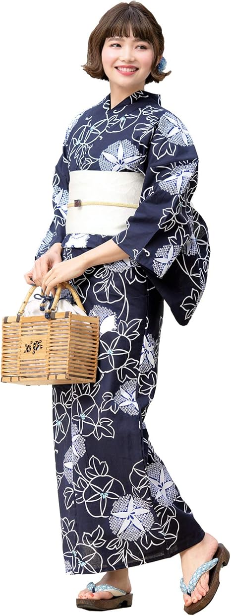 Amazon ソウビエン 浴衣セット レディース レトロ 濃紺 ダークネイビー 朝顔 花 鹿の子 綿 女性 花火大会 作り帯 白 浴衣 通販