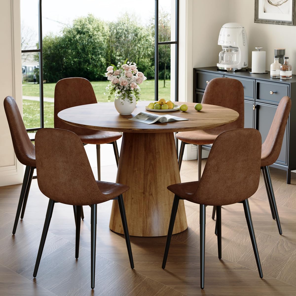 BAOPIN Round Dining Table Set For 6, 45''Round Wooden Dining Set With Cushioned Chairs, Round ...