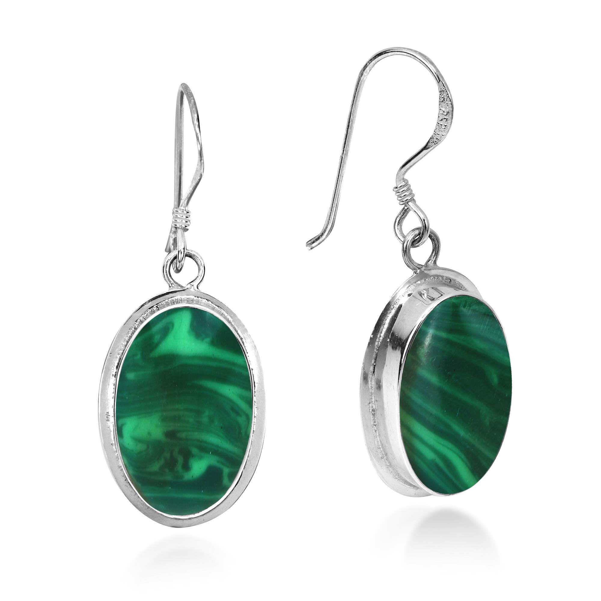 Simply Elegant Oval Malachite Inlay on .925 Sterling Silver Dangle Earrings