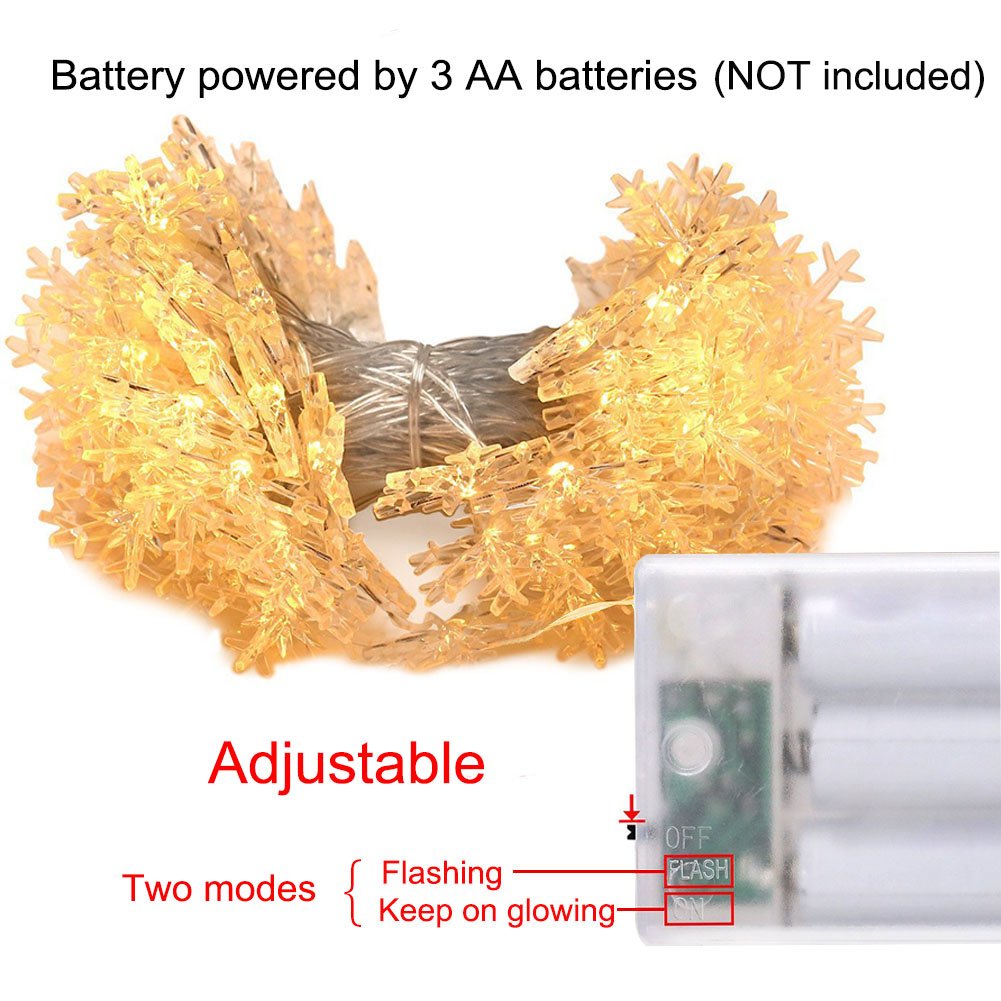 Snowflake String Lights CFTech 6.5 ft 20 LED Fairy Lights Battery Operated Waterproof for Garden Patio Bedroom Party Decor Indoor Outdoor Celebration Lighting, Warm White (2M 20 Lights)