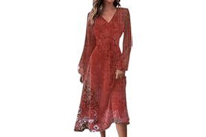 SGSOACO Fall Dresses for Women 2024 V-Neck Long Sleeve Boho Gradient Plus Size Ruffle Belted A-Line Flowy Maxi Dresses