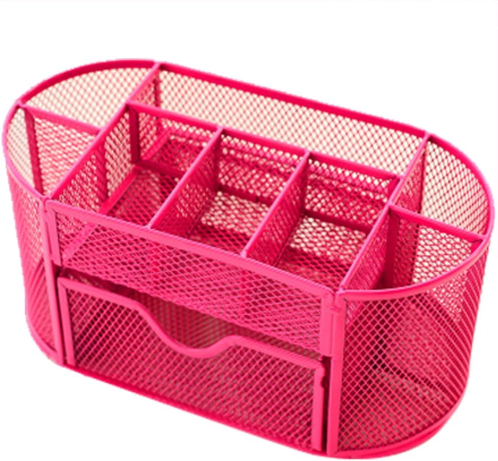 Happy Fd Metal Mesh Desk Organizer Pen Holder 8 Components 1 pull out drawer Office Supply Caddy Pen File Holder Home Office Dorm (Rosy)
