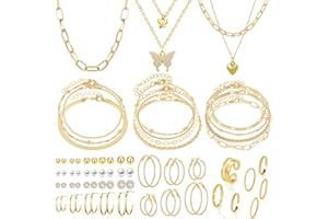 IFNODO 47pcs Gold Jewelry Set With 3 PCS Necklace, 11 PCS Bracelet,20pcs Hoop Stud Earrings,7pcs rings set For Women For Birthday Gifts