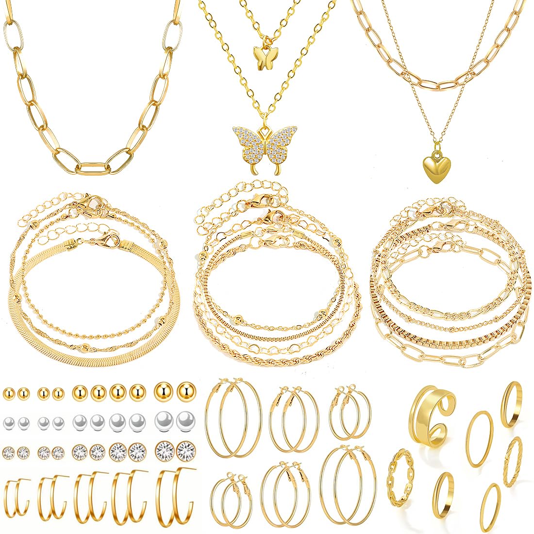 IFNODO 47pcs Gold Jewelry Set With 3 PCS Necklace, 11 PCS Bracelet,20pcs Hoop Stud Earrings,7pcs rings set For Women For Birthday Gifts