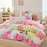 SUCSES Faux Fur Duvet Cover Set Twin Size Cozy Bubble Rainbow Comforter Cover Set Plush Fuzzy Furry Velvet Kids Bedding Sets with Zipper Closure for Girls Adult Room Decor(Twin, Rainbow)