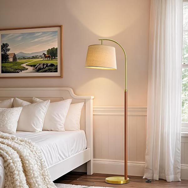 G-SAFAVA 62.5″ WOOD FLOOR LAMP FOR LIVING ROOM GOLD WITH FOOT SWITCH ARC STANDING TALL LAMPS FOR BEDROOM MID CENTURY MODERN CORNER FLOOR LAMPS FOR OFFICE NURSERY INDUSTRIAL READING LIGHT ROOM LAMP